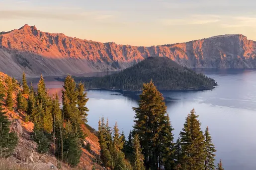 Shot of the side of Wizard Island during sunset.