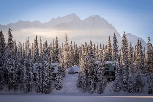 Wide shot of snowy forest, houses covered, mountains in distance.