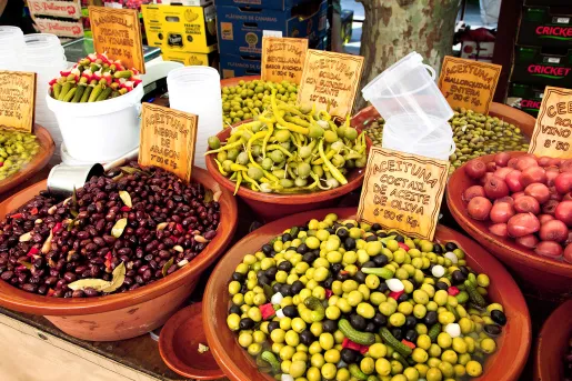Arrangements of pickled veggies, olives, etc.