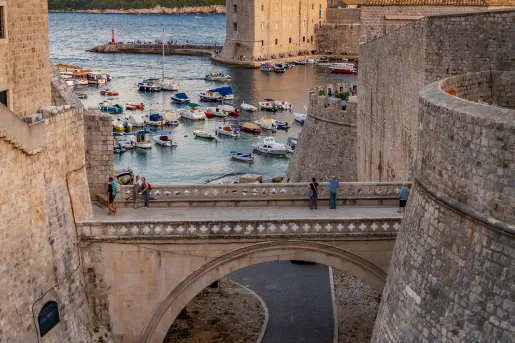 Walled outskirts of Dubrovnik during sunset.