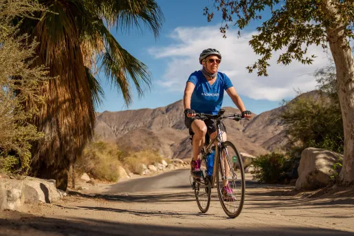 Guest cycling past palm tree, desert landscape behind him.