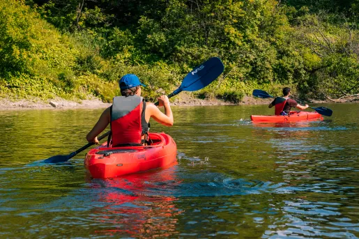 Rear shot of two guests kayaking.