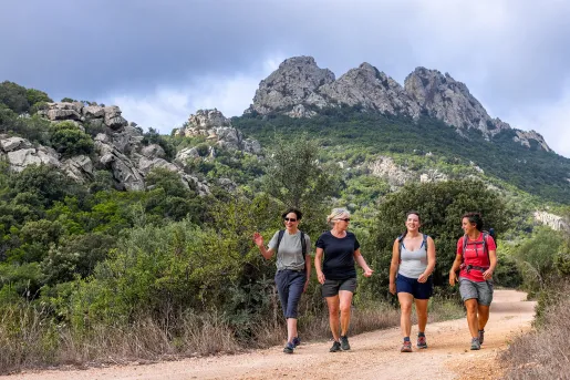 Four guests walking down trail, craggy hills in distance.
