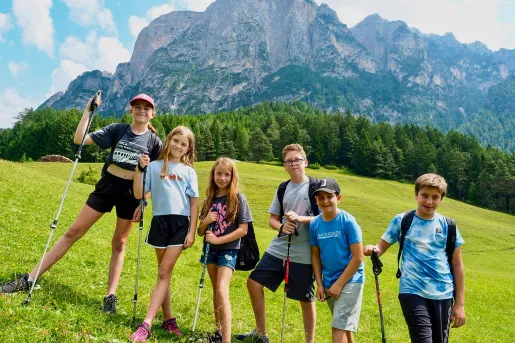Six young guests in meadow, large mountain range in distance.