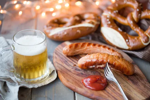 Shot of beer, sausages, pretzels, etc.