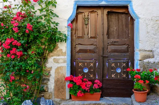 Shot of old housefront, red flowers, wooden door.