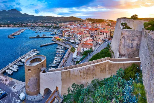 Wide shot of Calvi coastline.
