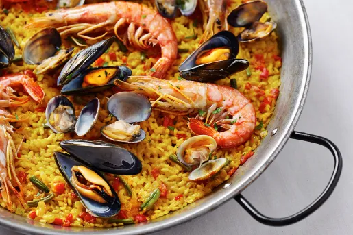 Close-up of seafood paella.