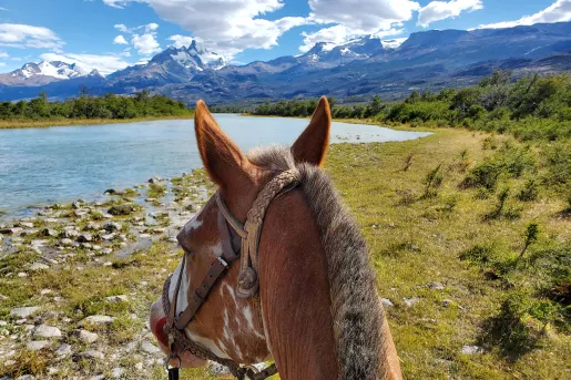 Point of view shot on horseback, looking out to snowy mountains, small lake.