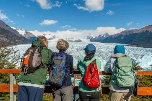 Four guests looking out from ship deck towards glacial vista.