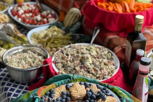 Fall lunch spread, stuffing, cookies, berries, meats, etc.