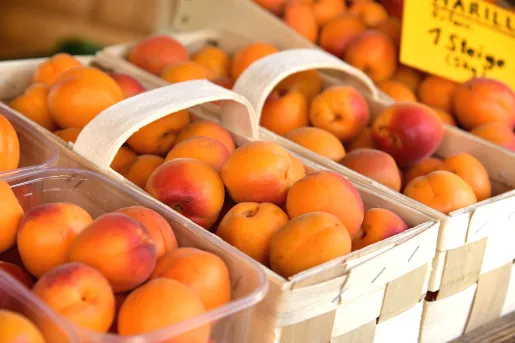 Fresh apricots in baskets at a market.