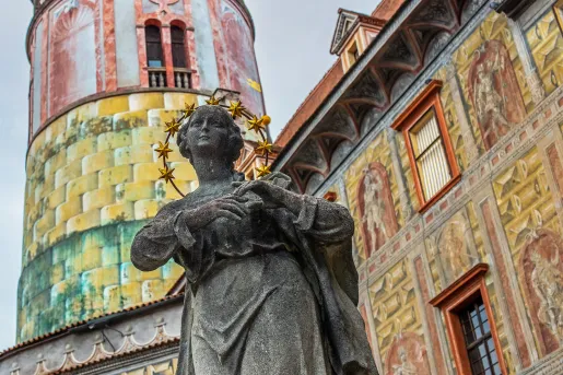 View of the historic Český Krumlov Castle Tower located in the town of the same name Český Krumlov (Krumau).