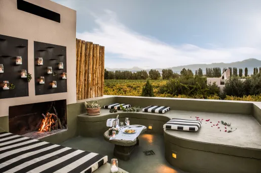 patio with stone bench