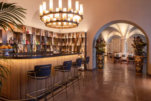 hotel bar with large chandelier