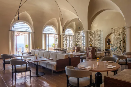 hotel restaurant with sloping ceilings