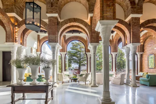 room with large sloping columns