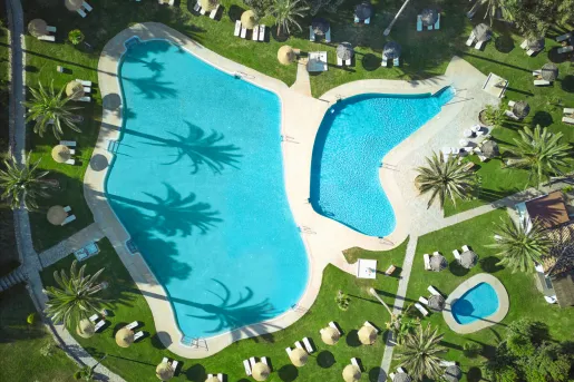 Arial view of abstractly shaped pool