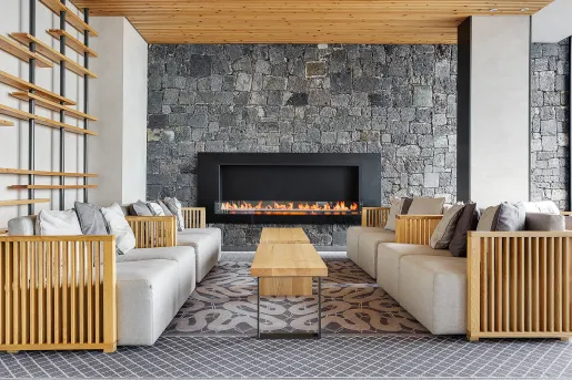 hotel living room with sleek fireplace
