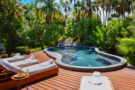 Outdoor circular pool surrounded by tall trees and reclining chairs