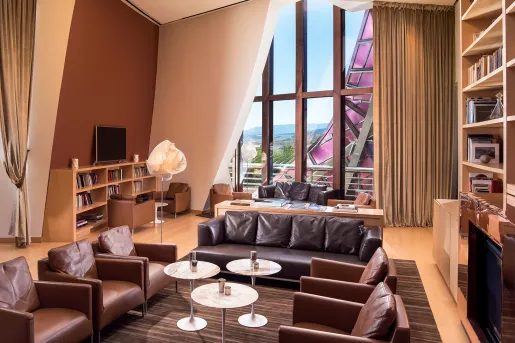 Indoor lounge and library with leather, cushioned sofas and chairs