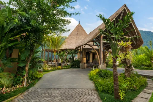 cottage with thatched roof nestled in the trees