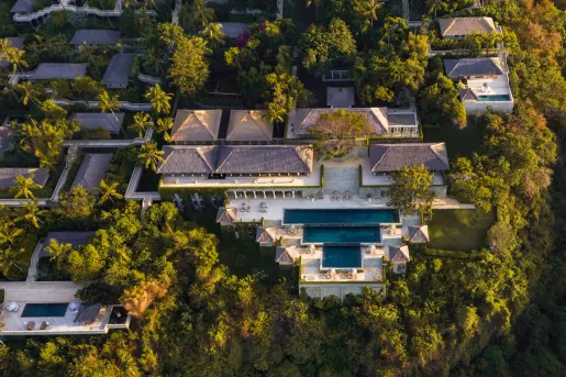 birds eye view of Amankila hotel featuring large swimming pool