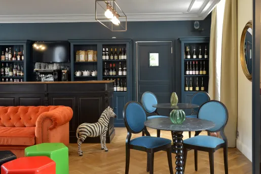 colorful living room with bar