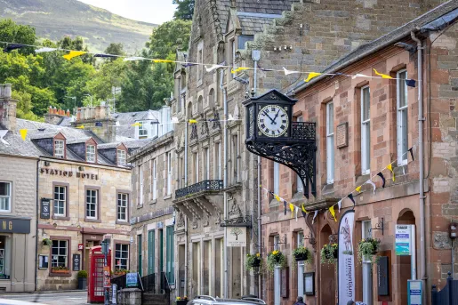 street lined with historic stone buildings