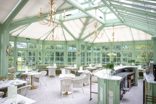 A mint green dining room