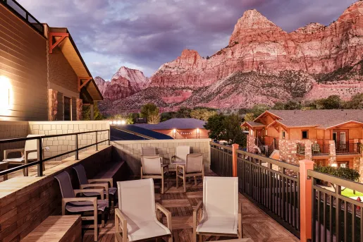 patio in front of mountain range