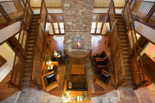 birds eye view of living room with fireplace