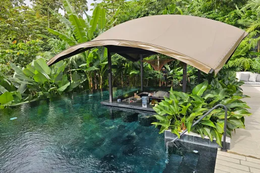 Pool with a wet bar and a canopy over, surrounded by tall green plants