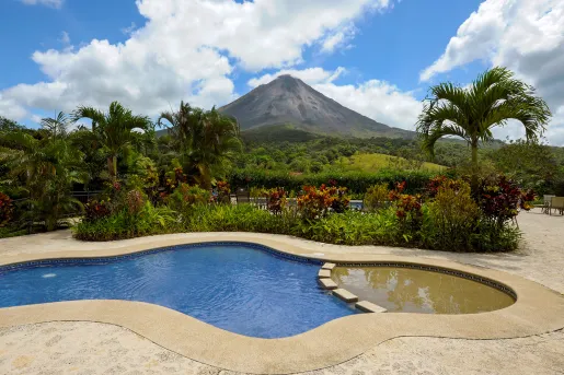Outdoor pool surrounded by palm trees, with view of a volcano in the distance