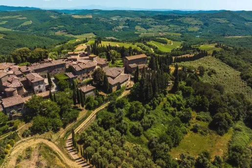 Sky view of brown brick buildings surrounded by a valley of trees and crops