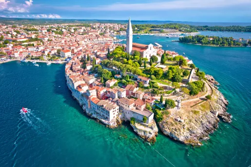 aerial view of an island with red roofed houses and greenery