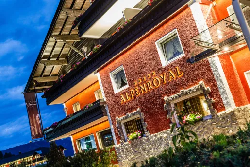 Closeup of the Alpenroyal hotel at sundown
