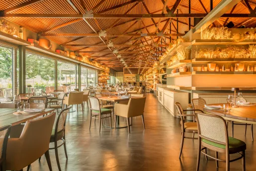 Indoor dining area with cushioned chairs and wooden tables