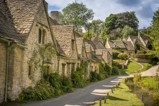 Rustic. brick houses along a narrow road