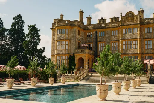 Castle-looking hotel with outdoor fountain