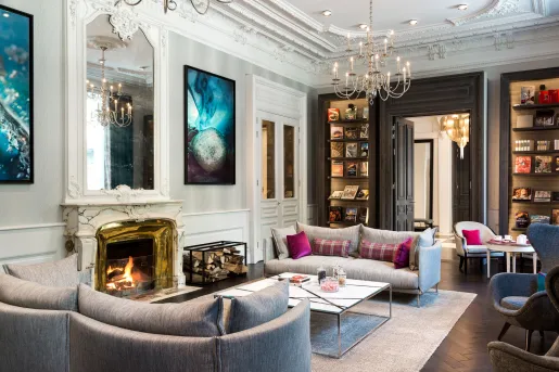 library room with fireplace