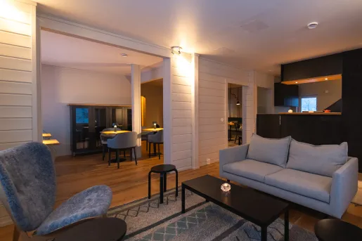 hotel lobby with grey chairs