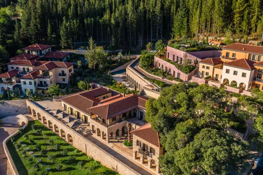 Three hotel properties surrounded by trees and a forest in the background