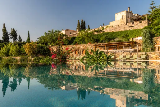 Outdoor pool surrounded by large plants and a stone building in the background