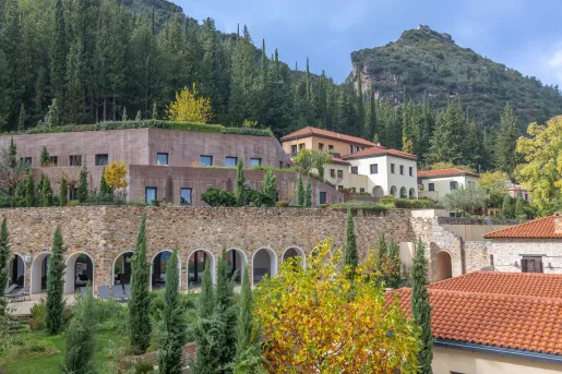 Stone buildings in front of a tall forest of trees
