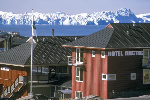 Hotel with icebergs in the background