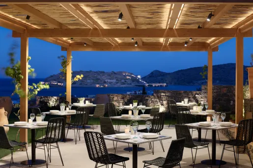 Outdoor dining patio area looking out to the ocean