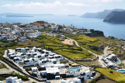Top view of white villas in a small town