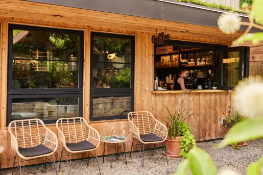 wooden bar with chairs