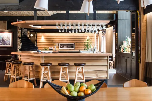 bowl of fruit on wooden bar